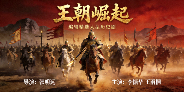 编辑精选大型历史剧《王朝崛起》海报，古代军队在战场上列阵